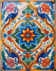 Vibrant Ceramic Mexican Design with Birds, Flowers, and Decorative Cinco de Mayo Patterns. AI Generated