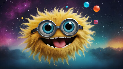 Funny yellow alien wearing glasses is showing tongue in the outer space