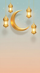 Ramadan lanterns and golden crescent moon on pastel background. Islamic holiday greeting card design. Eid al-Fitr, Eid al-Adha celebration. Copy space.