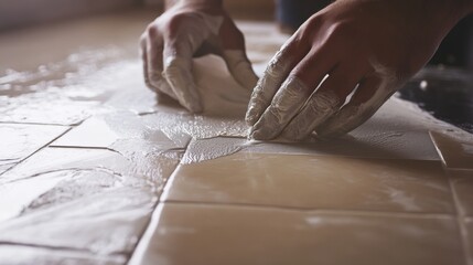 Hispanic tiler grouting kitchen backsplash tiles. Featuring tiling and home renovation