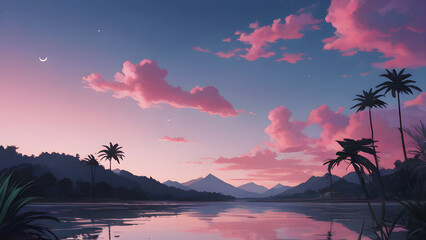 Pink sunset reflecting on a tropical lake with palm trees and mountains