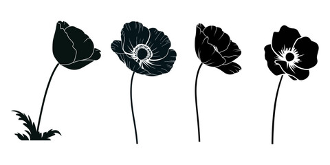 Poppy flower, Iceland poppy flower black silhouette, California Poppy flower vector illustration icon, A black silhouette poppy flower set, Poppy flower, Iceland poppy flower silhouette, California.