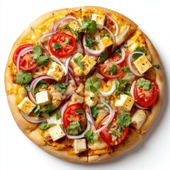 Delicious vegetarian pizza with cheese, tomatoes, onions, and herbs