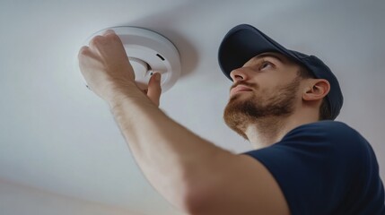 Electrician installing a smoke detector on a ceiling. Featuring safety and expertise