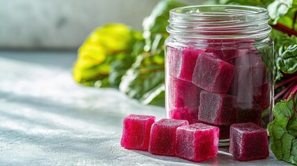 Bright and vibrant beetroot gummies in a transparent jar showcase healthy snacking options