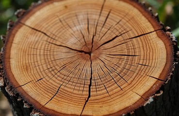 Close-up of felled tree stump with annual rings. Natural wood texture with cracks in cross section. Brown colors, wooden background, nature scene. Ideal for eco, sustainable projects.