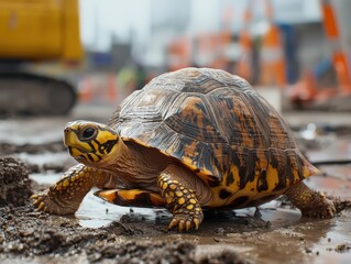 Obraz premium Resilient turtle trudges through muddy terrain, an unlikely explorer amidst the urban development. Nature's slow and steady pace.