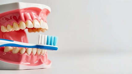 Demonstration of proper teeth brushing technique with dental model and toothbrush