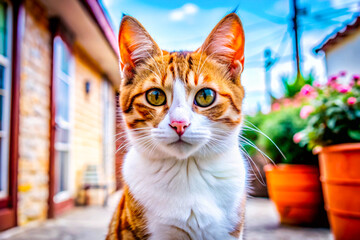 Orange tabby cat, close-up portrait, vibrant colors, bright green eyes, alert expression, street scene background, terracotta pots, flowers, stucco walls, sunny day, high contrast, sharp focus