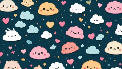 Cute kawaii clouds and hearts floating in the dark blue sky