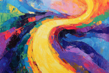 Fototapeta premium A vibrant yellow path winding through a colorful landscape of expressive brushstrokes, evoking a feeling of joyful journey and vibrant energy.