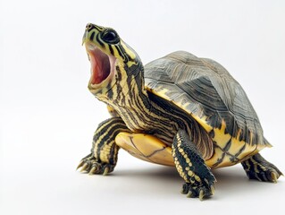 Obraz premium An eastern river cooter turtle stands on a white background with its mouth open. This is likely a yawn or perhaps a vocalization.