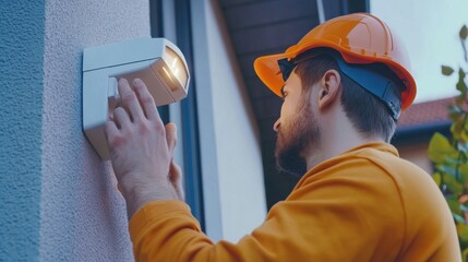 Electrician installing an outdoor security light. Featuring precision and technical knowledge