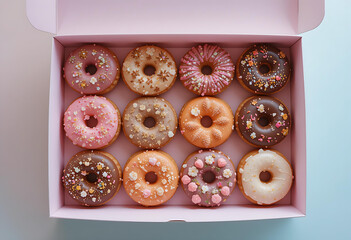 Delightful Dozen Donuts: A Top-Down View of Twelve Variously Decorated and Glazed Doughnuts in a Pink Box