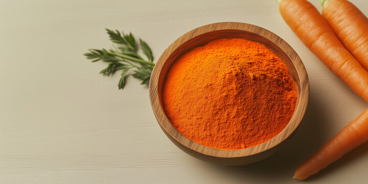 Carrot Powder in Bowl: A wooden bowl brimming with vibrant orange carrot powder sits alongside fresh carrots, showcasing the natural color and texture of this healthy ingredient.