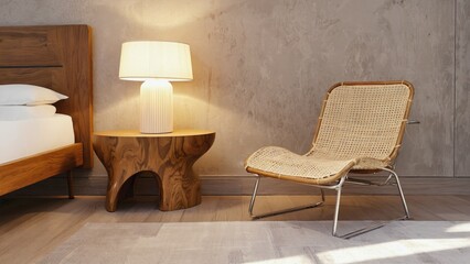 Modern bedroom with wicker chair and wooden table. A well-lit space with minimalistic design.