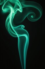 Obraz premium Close-up of vibrant green smoke patterns on black background. Swirling smoke texture abstract art design. Dynamic form, cool abstract art. Perfect for meditation, relaxation, aroma, hookah,