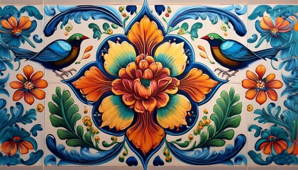 Vibrant Ceramic Tile Design with Hummingbirds and Floral Motifs. AI Generated