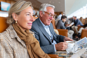 Senior couple relaxing in premium airport lounge with drinks and travel brochures, reflecting comfort, elegance and leisure, ideal for luxury travel, retirement lifestyle or airport service branding
