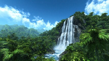 Fototapeta premium Majestic Waterfall Surrounded by Lush Green Jungle Landscape