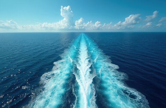 Ship trail stretches into ocean horizon under clear sky. White foamy waves, blue water surface with sunlight, clouds. Fast travel, cruise trip. Marine background. Summer vacation, adventure travel.