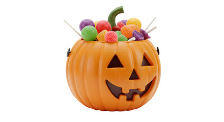 Fototapeta premium scary pumpkin bucket isolated on transparent background, trick or treat bucket isolated on transparent background, halloween treat bucket isolated on transparent background