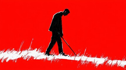 Silhouette of a Person Walking with a Cane Against a Vibrant Red Background