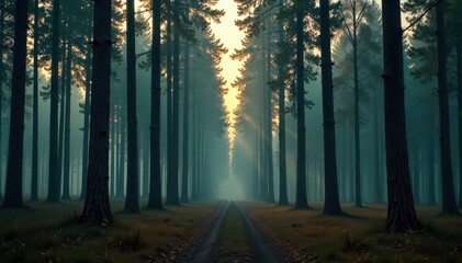Fototapeta premium Tall, slender poplars, muted light, somber mood, dramatic, muted