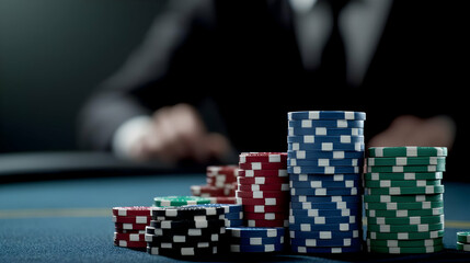 Naklejka premium Stacks Of Poker Chips In Vibrant Colors With Blurred Hand And Table In Dark Setting