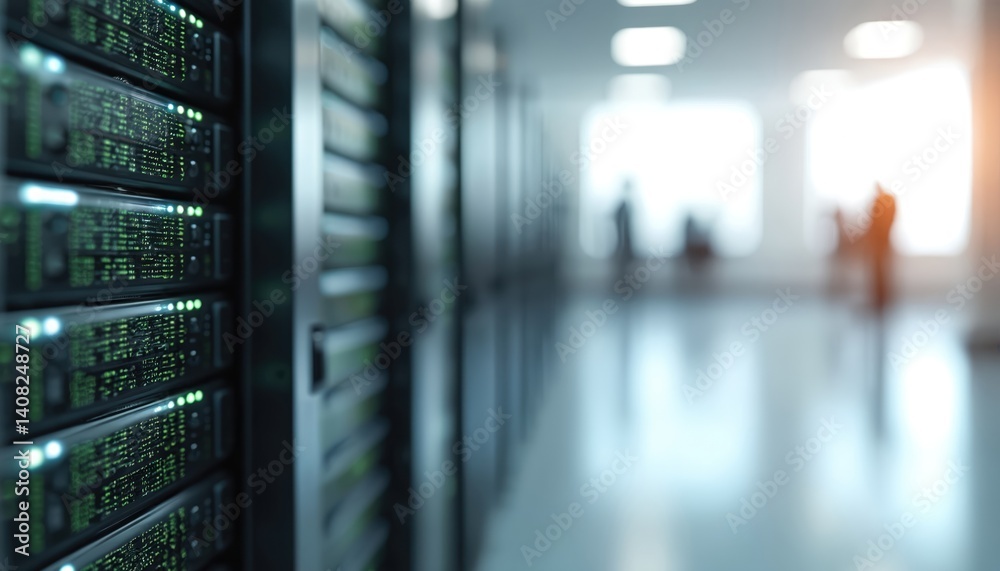 Aufkleber Data center with servers, lights. Cyber security concept, focus on backup, recovery. Digital information storage, data protection, cloud technology. Server racks, data processing center.