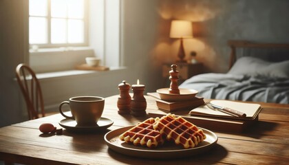 Delicious Steamy Waffles on a Decorated Platter - Crunchy Waffles in American Style coated in Maple Syrup or Butter with Fruits - Decorated Breakfast Table with Milk, Flowers or Fruit