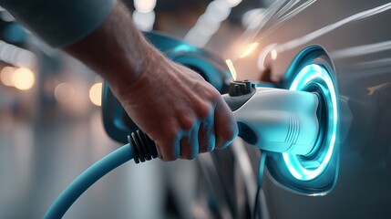 electric vehicle charging cable hand closeup glowing plug blue light technology clean energy bokeh

