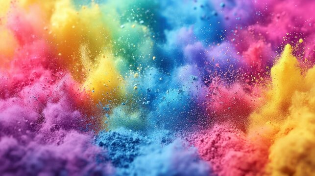 Vibrant explosion of colorful powder.  A dynamic display of multicolored powder particles suspended in mid-air, creating a rainbow effect.  A burst of color