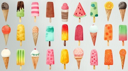 watercolor ice pops colorful cones fruit chocolate toppings summer pattern hand drawn cute dessert illustration