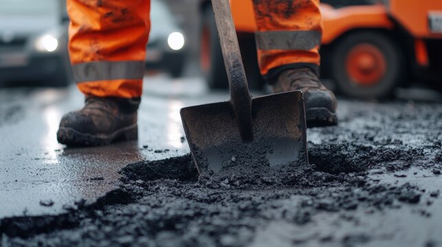 Road worker filling potholes on a city street. Featuring skill and precision