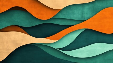 A layered abstract design with wavy, textured forms in warm and cool tones.