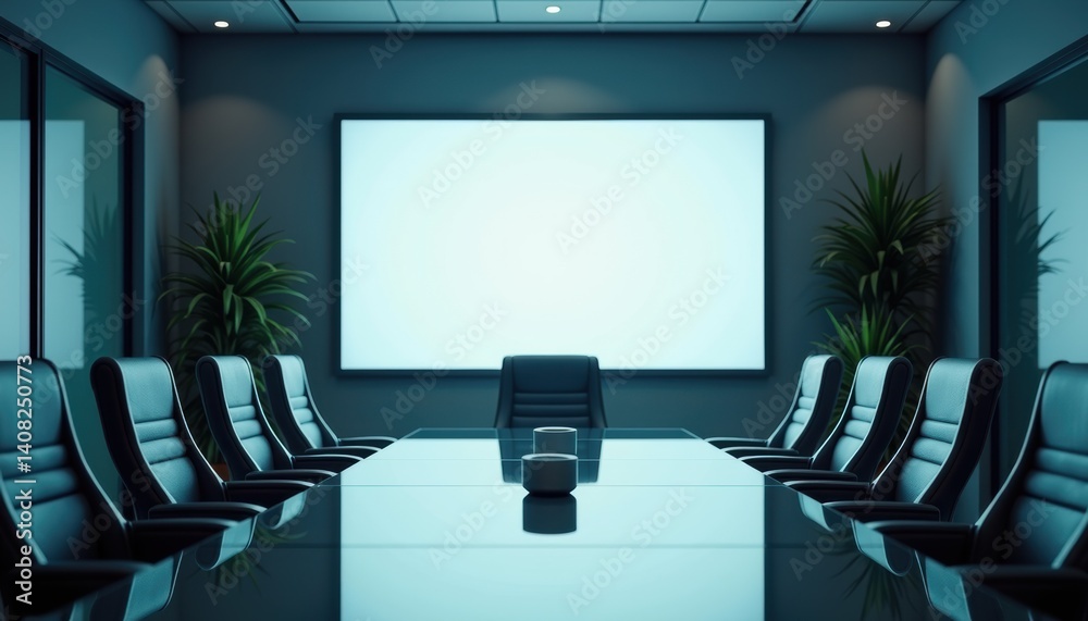 Poster modern conference room with empty chairs and large screen