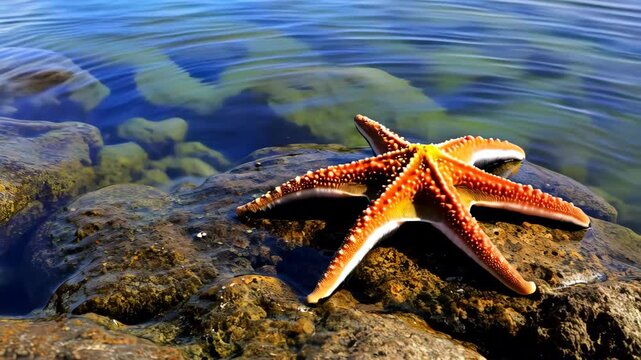 Orange Starfish on Rocky Seashore Near Clear Water
