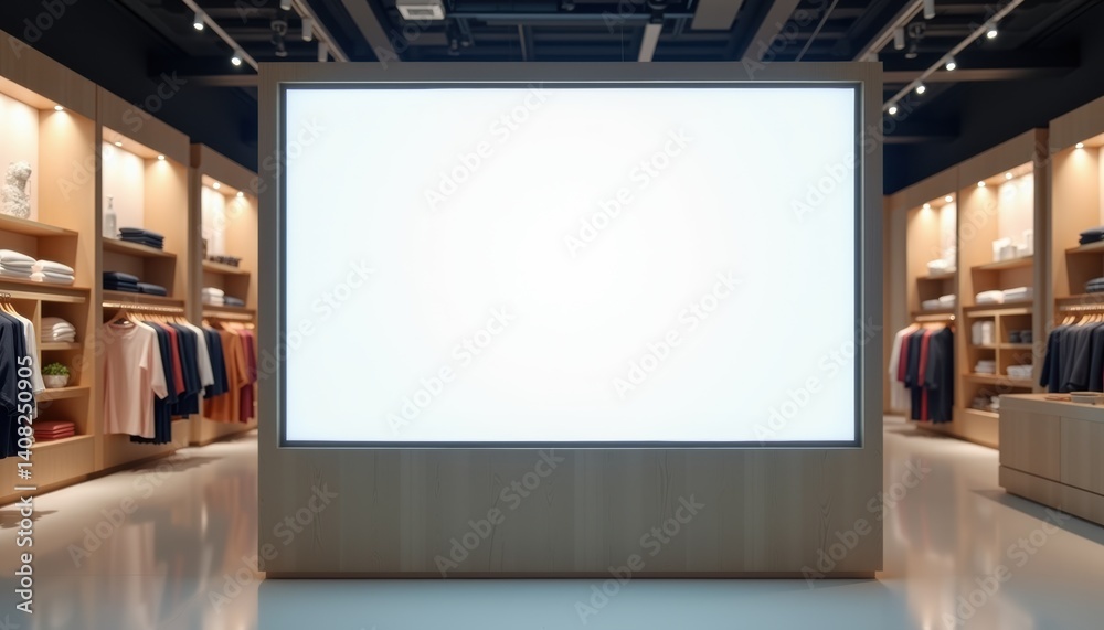 Aufkleber modern retail store with empty display screen and clothing racks