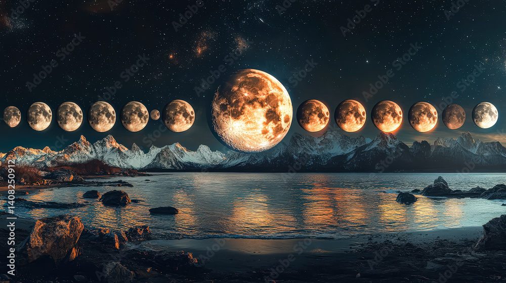 Wall mural series of moon images are shown in a row, with the moon in the middle of the row. the moon appears t