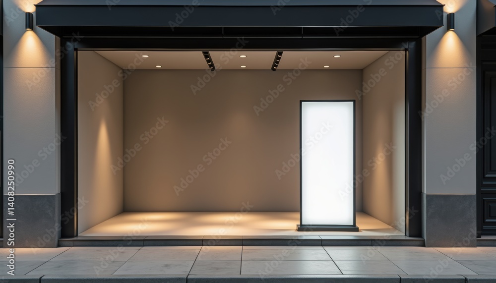 Poster Empty storefront showcasing a blank display panel in urban setting  