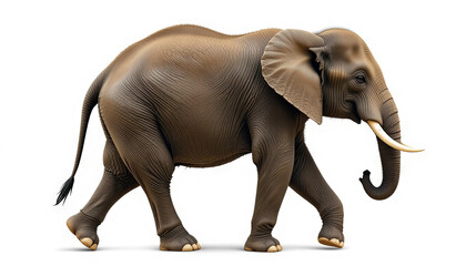 Fototapeta premium An elephant strides gracefully over a grassy terrain, displaying its massive form and distinct tusks under clear blue skies. The animal appears majestic and peaceful