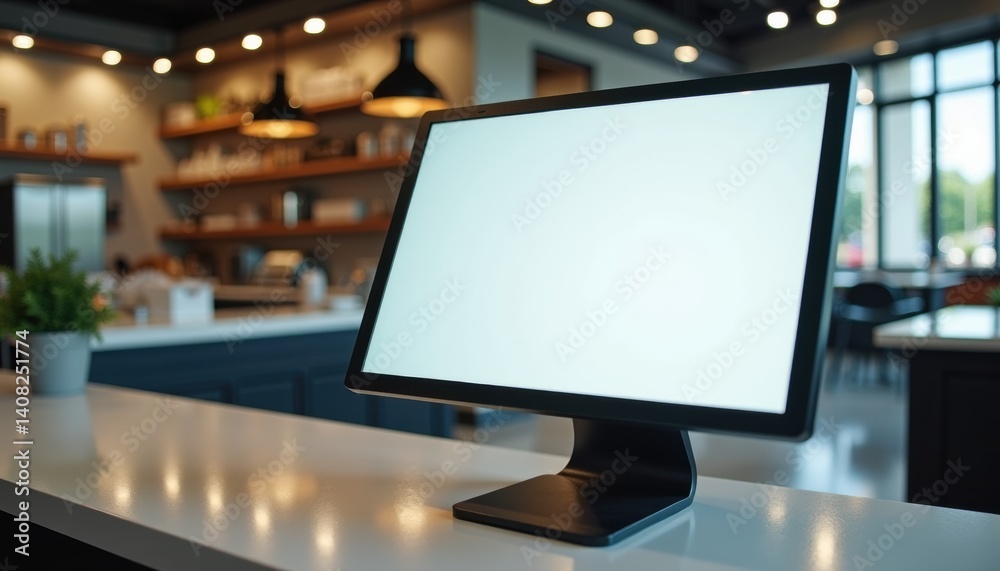 Aufkleber modern digital monitor displayed on sleek countertop in cafe