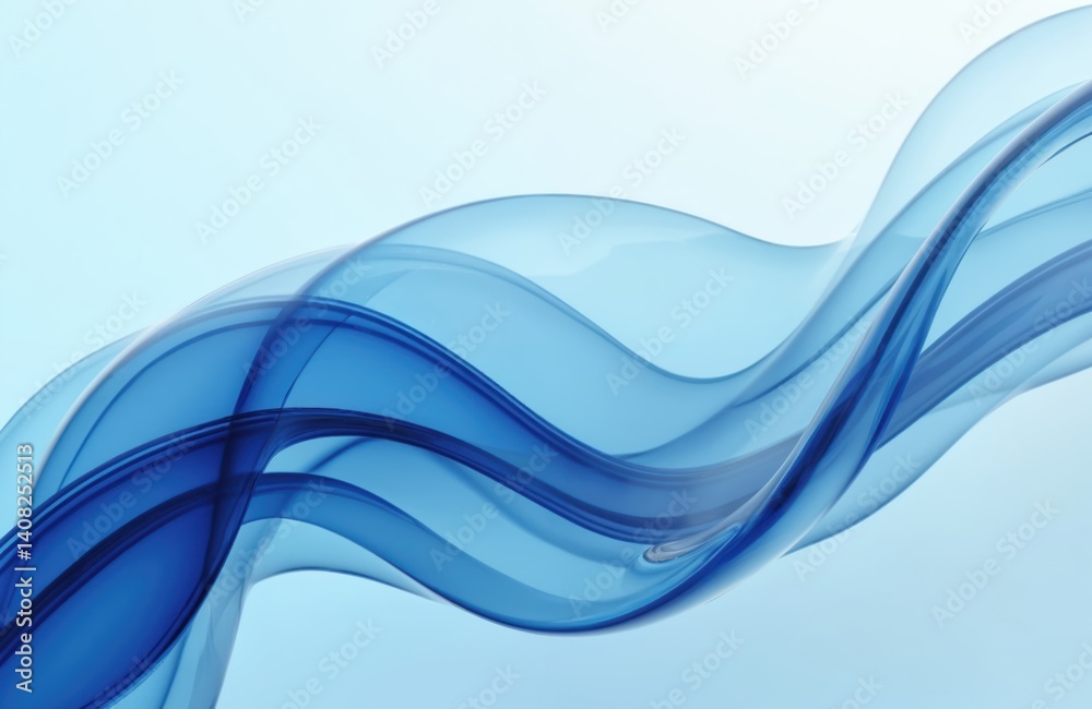 Poster Abstract blue background with curved glass elements. Digital 3d rendering of flowing transparent wave shapes, smooth glossy surface with gradient. Modern creative design, tech concept.