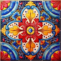 Ornate Mexican tile artwork, traditional Talavera style with radial floral symmetry, vibrant pattern. AI Generated