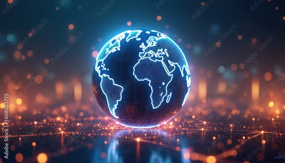 Poster digital illustration of glowing globe with world map network. concept of global communication, world