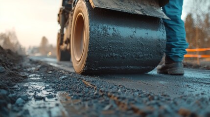 Road worker operating a steamroller on a construction site. Featuring power and control