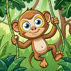Cartoon baby monkey with big eyes and cheeky smile swinging on a vine in a playful jungle scene.