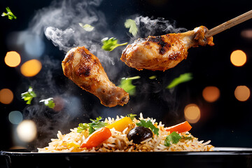Steaming chicken drumsticks suspended over seasoned rice garnished with fresh herbs against a bokeh-lit backdrop.