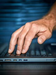 A close-up of a person's hand hovering over a laptop keyboard ready to type against a blurred textured blue background.